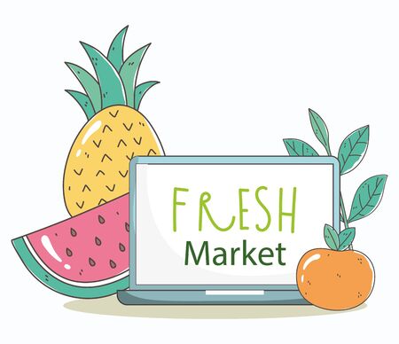 laptop and fruits fresh market organic healthy food vector illustrationのイラスト素材
