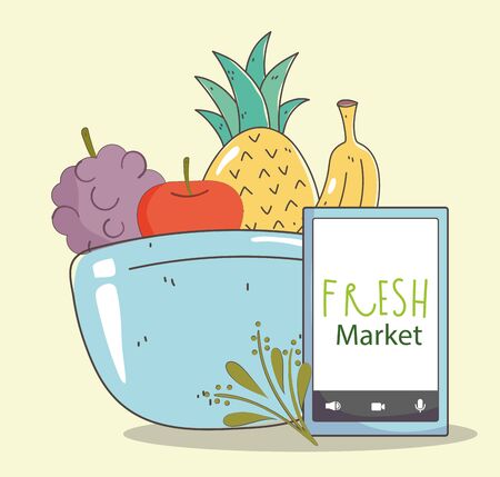 fresh market smartphone organic healthy food bowl fruits and vegetables vector illustrationのイラスト素材