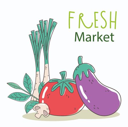 eggplant tomato and onion fresh market organic healthy food with fruits and vegetables vector illustrationのイラスト素材