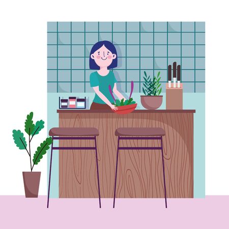 people cooking, woman with vegetables in bowl counter kitchen vector illustrationのイラスト素材