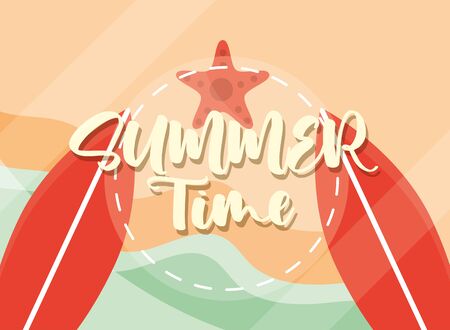 hello summer banner, surfboards starfish beach season vacations travel concept vector illustrationのイラスト素材