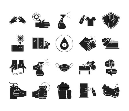 cleaning disinfection, coronavirus prevention sanitizer products silhouette style icons set vector illustrationのイラスト素材