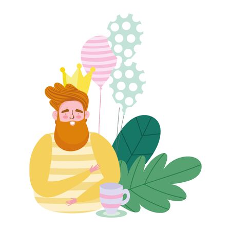 happy fathers day, dad with crown coffee cup and balloons cartoon vector illustrationのイラスト素材