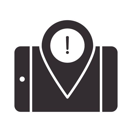 alert icon, smartphone pointer location warning, attention danger exclamation mark precaution information silhouette style design vector illustrationのイラスト素材