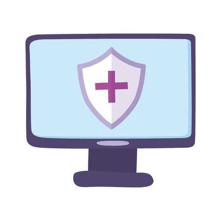 telemedicine, computer device shield medical treatment and online healthcare services vector illustrationのイラスト素材