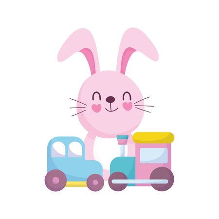 baby shower, cute bunny with car train toys, announce newborn welcome card vector illustrationのイラスト素材