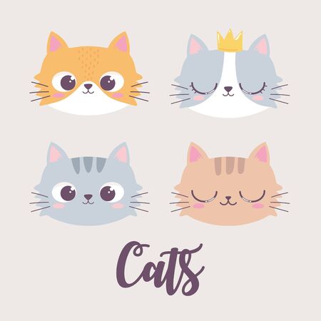 cute cats faces cartoon animal funny character vector illustrationのイラスト素材
