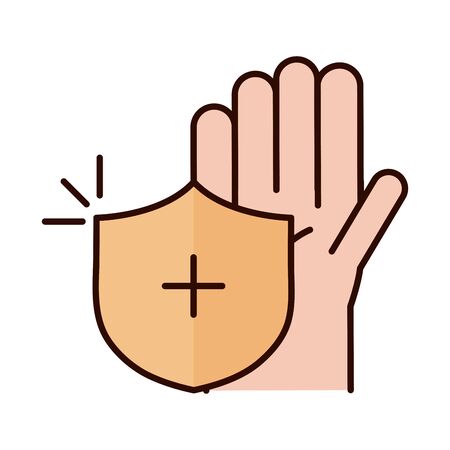 covid 19 coronavirus prevention, hand with shield protection, spread outbreak pandemic line and fill style icon vector illustrationのイラスト素材