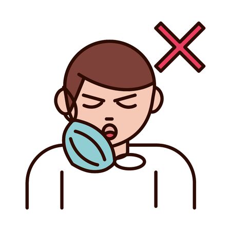 covid 19 coronavirus prevention, man coughing without mask, spread outbreak pandemic line and fill style icon vector illustrationのイラスト素材
