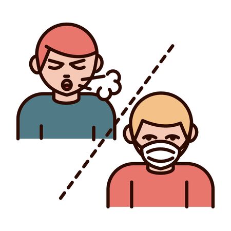 covid 19 coronavirus prevention, people sick with dry cough and medical mask, spread outbreak pandemic line and fill style icon vector illustrationのイラスト素材