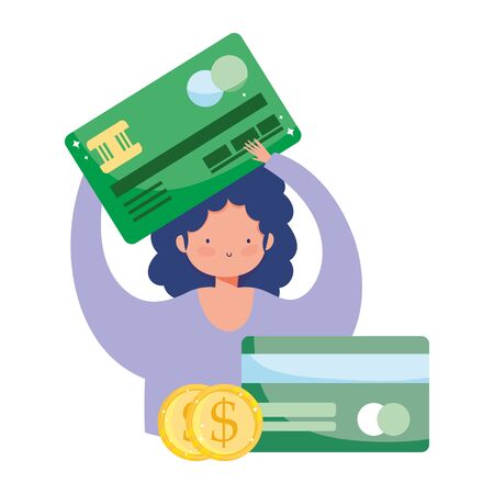 online payment, girl with bank card credit and money, ecommerce market shopping, mobile app vector illustrationのイラスト素材