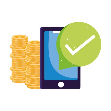 online payment, smartphone coins shopping cart check mark, ecommerce market, mobile app vector illustrationのイラスト素材