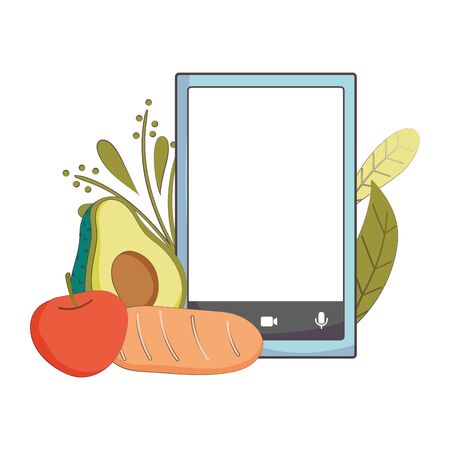 fresh market smartphone avocado carrot and apple, organic healthy food vegetable and fruit vector illustrationのイラスト素材