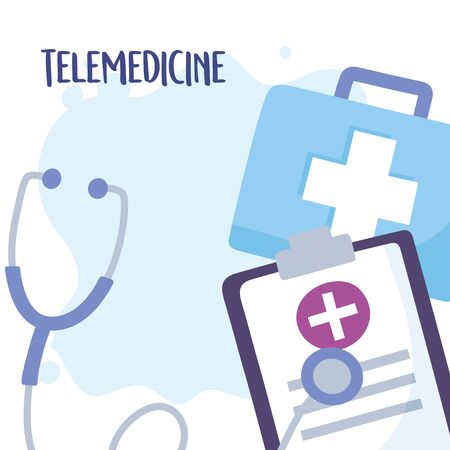 telemedicine, kit medical stethoscope clipboard equipment treatment and online healthcare services vector illustrationのイラスト素材