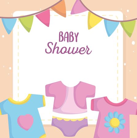 baby shower, bodysuit dress clothes cartoon, announce newborn welcome card vector illustrationのイラスト素材