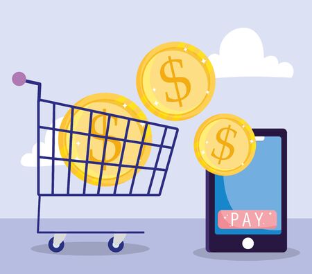 online payment, smartphone and coins in shopping cart, ecommerce market, mobile app vector illustrationのイラスト素材