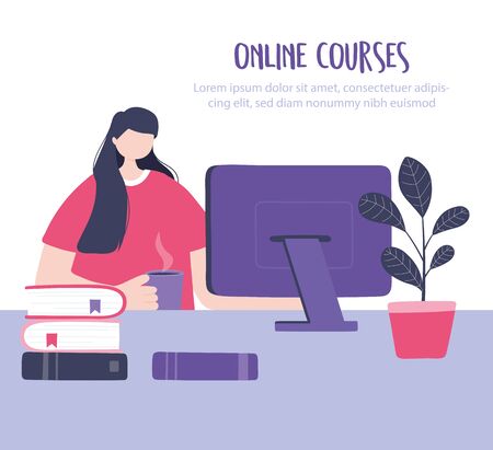 online training, woman with coffee cup and computer studying, courses knowledge development using internet vector illustrationのイラスト素材