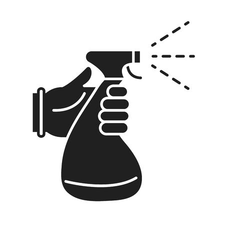 cleaning disinfection, hand with spray bottle cleaner, coronavirus prevention sanitizer products silhouette style icon vector illustrationのイラスト素材