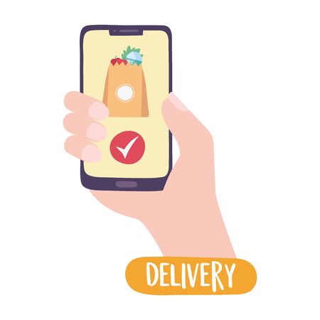 covid-19 coronavirus pandemic, delivery service, smartphone online order grocery vector illustrationのイラスト素材