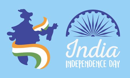 happy independence day india, map with flag national wheel event vector illustration