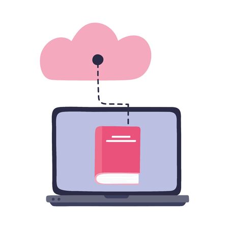 online training, computer and cloud storage book, education and courses learning digital vector illustrationのイラスト素材