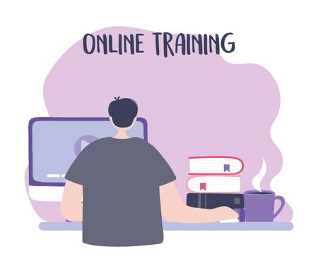 online training, man studying in computer with books, education and courses learning digital vector illustrationのイラスト素材