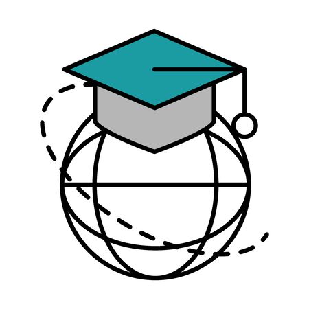 online education, graduation hat world connection, website and mobile training courses vector illustration line and fill iconのイラスト素材