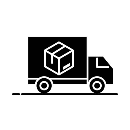 delivery packaging, truck transport cardboard box cargo distribution, logistic shipment of goods vector illustration silhouette style iconのイラスト素材