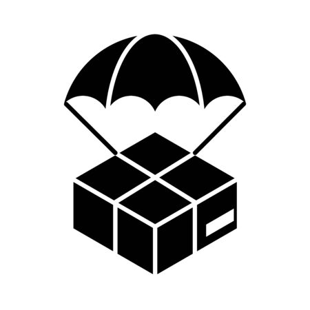 delivery packaging, package flying on parachute cargo distribution, logistic shipment of goods vector illustration silhouette style iconのイラスト素材