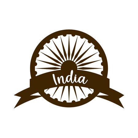 happy independence day india, ashoka wheel ribbon and letters vector illustration silhouette style iconのイラスト素材