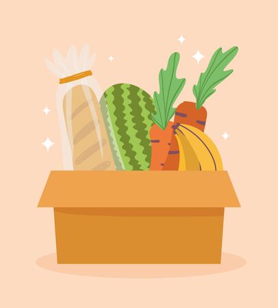 online market, bread fruits and vegetable in cardboard box, food grocery shop home delivery vector illustrationのイラスト素材