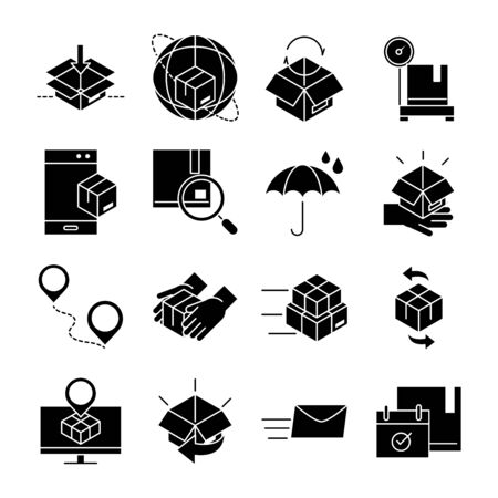 delivery packaging, cargo distribution, logistic shipment of goods icons set vector illustration line style designのイラスト素材