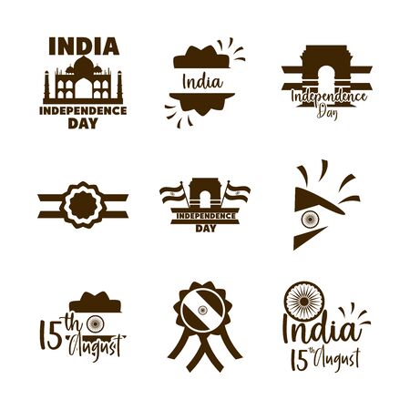 happy independence day india, freeedom celebration national icons set vector illustration flat styleのイラスト素材