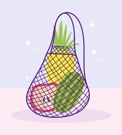 online market, eco friendly bag with fruits food grocery shop home delivery vector illustrationのイラスト素材