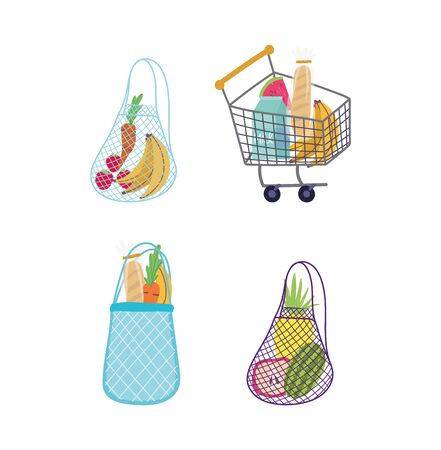 online market, eco friendly bag cart full fresh food grocery shop home delivery vector illustrationのイラスト素材