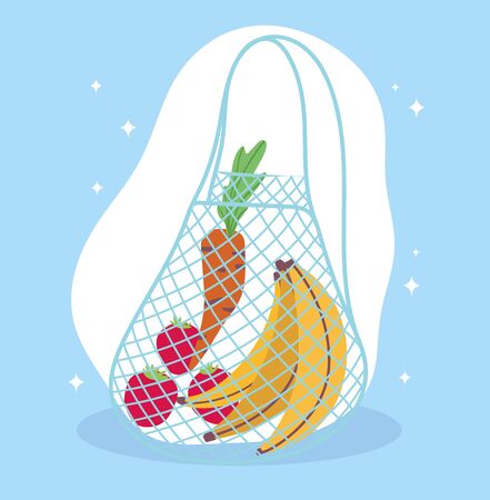 online market, eco friendly bag with fruit and vegetables food grocery shop home delivery vector illustrationのイラスト素材