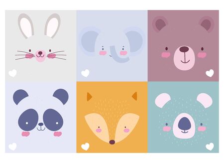 cartoon cute animals characters faces collection design vector illustrationのイラスト素材