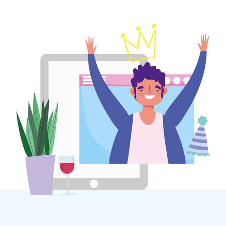 online party, birthday or meeting friends, man website smartphone celebration vector illustrationのイラスト素材