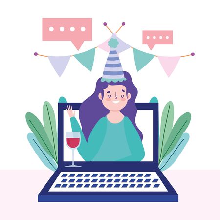 online party, birthday or meeting friends, woman video laptop celebration with wine cup vector illustrationのイラスト素材