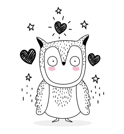 little owl love hearts cute animals sketch wildlife cartoon adorable vector illustrationのイラスト素材