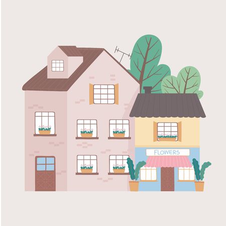 residential house and commercial building facade exterior cartoon design vector illustrationのイラスト素材