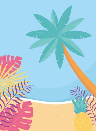 hello summer, tropical leaves foliage palm tree sea beach vector illustrationのイラスト素材
