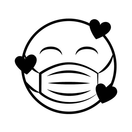 emoticon with medical mask coronavirus covid-19 pandemic, line cartoon style vector illustrationのイラスト素材
