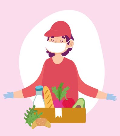 safe delivery at home during coronavirus covid-19, courier man with mask gloves and grocery box with food vector illustrationのイラスト素材