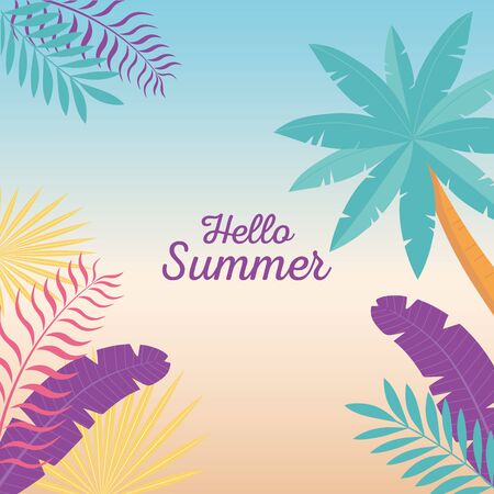 hello summer, tropical tree palm leaves foliage gradient background vector illustrationのイラスト素材