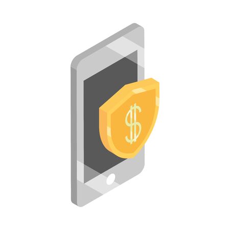 isometric money cash currency smartphone shield protection isolated on white background vector illustration flat iconのイラスト素材