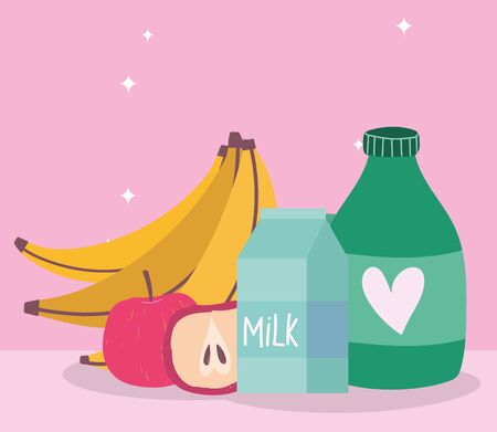 online market, banana apple milk juice bottle, food delivery in grocery store vector illustrationのイラスト素材