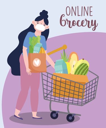online market, woman with mask and shopping cart and basket, food delivery in grocery store vector illustrationのイラスト素材