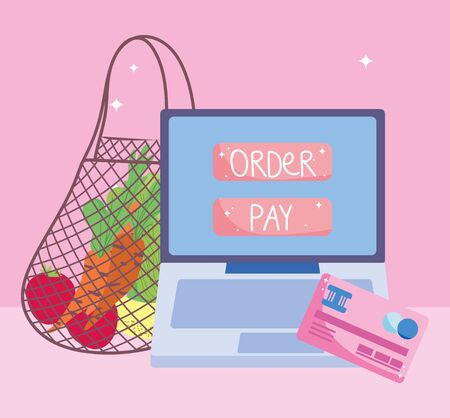 online market, eco friendly bag with fruits and vegetables computer bank card, food delivery in grocery store vector illustrationのイラスト素材
