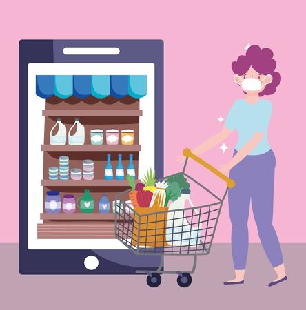 online market, woman with mask shopping cart order products, smartphone food delivery in grocery store vector illustrationのイラスト素材